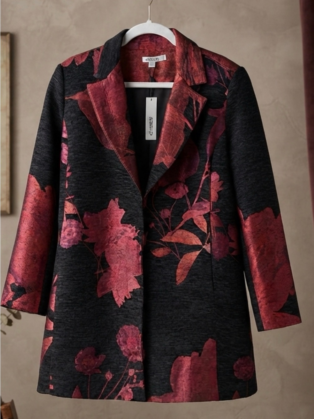 Chico's Black Blazer Jacket with Deep Red Floral Jacquard - Size 2.5